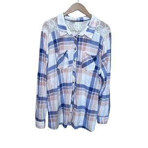 Warehouse One Plaid Button Down Shirt Floral Lace